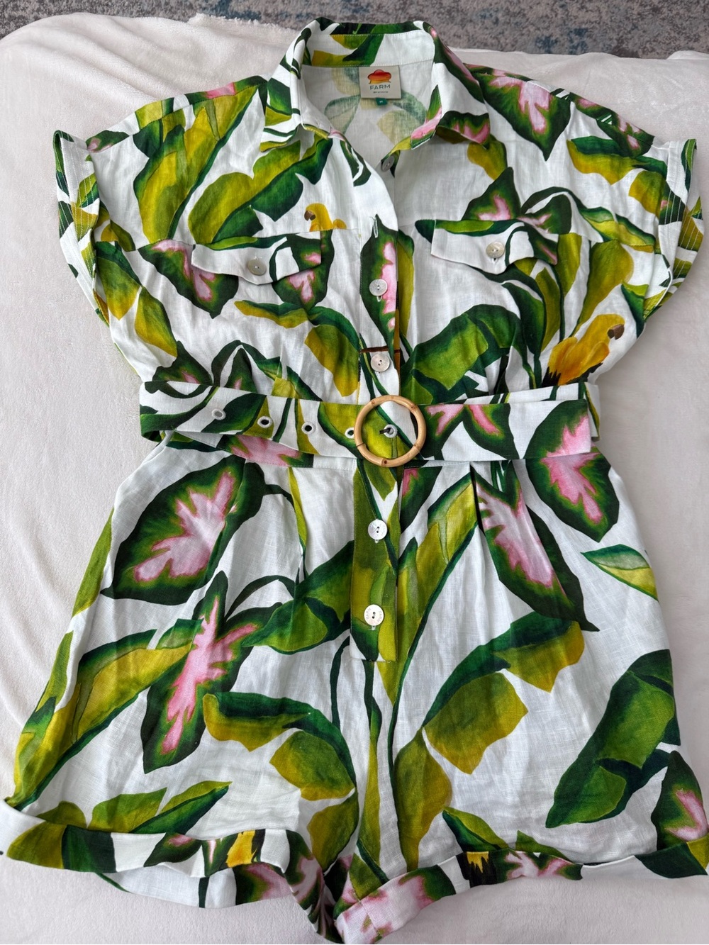 Farm Rio Summer Foliage Printed Romper Size Medium D82 Green Pink White